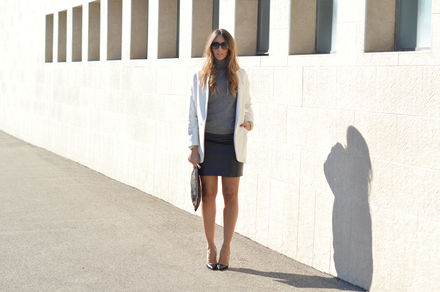 White Coat - Grey Sweater - Black Skirt